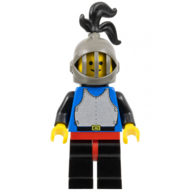 breastplate - blue with black arms black legs with red hips dark gray grille helmet black plume black plastic cape