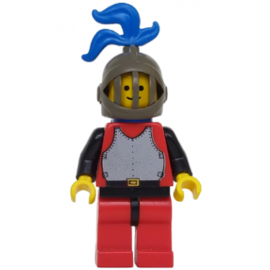 breastplate - red with black arms red legs with black hips dark gray grille helmet blue plume blue plastic cape
