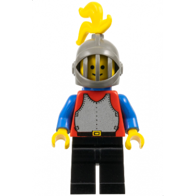 breastplate - red with blue arms black legs dark gray grille helmet yellow plume blue plastic cape