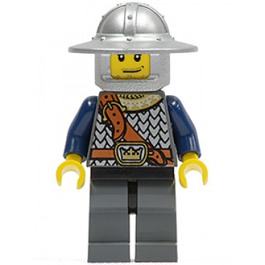 fantasy era - crown knight scale mail with chest strap helmet with broad brim smirk and stubble beard