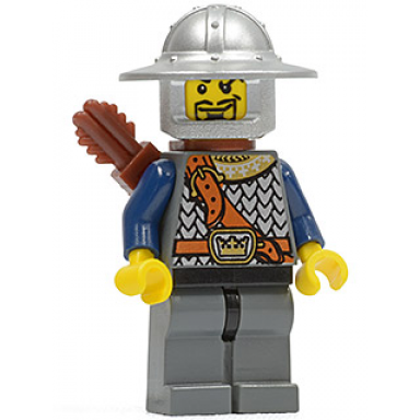 fantasy era - crown knight scale mail with chest strap helmet with broad brim curly eyebrows and goatee quiver