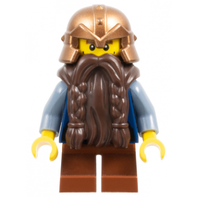 fantasy era - dwarf dark brown beard copper helmet with studded bands sand blue arms vertical cheek lines