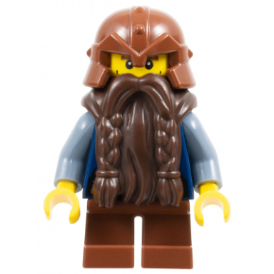 fantasy era - dwarf dark brown beard reddish brown helmet with studded bands sand blue arms vertical cheek lines