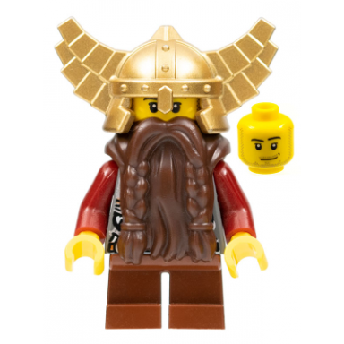 fantasy era - dwarf dark brown beard metallic gold helmet with wings dark red arms smirk and stubble beard