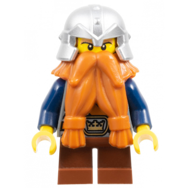 fantasy era - dwarf dark orange beard metallic silver helmet with studded bands dark blue arms pale brown beard