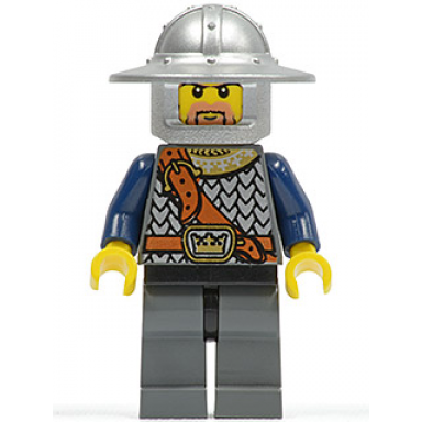 fantasy era - crown knight scale mail with chest strap helmet with broad brim brown beard and sideburns