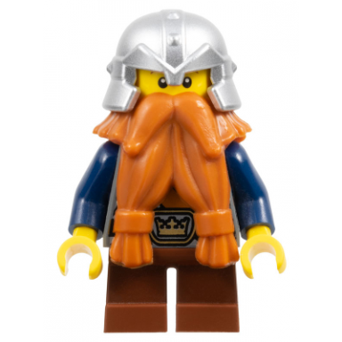fantasy era - dwarf dark orange beard metallic silver helmet with studded bands dark blue arms brown eyebrows thin grin