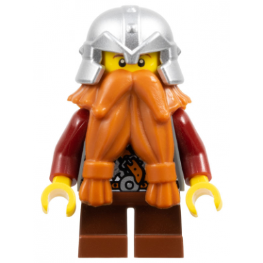 fantasy era - dwarf dark orange beard metallic silver helmet with studded bands dark red arms