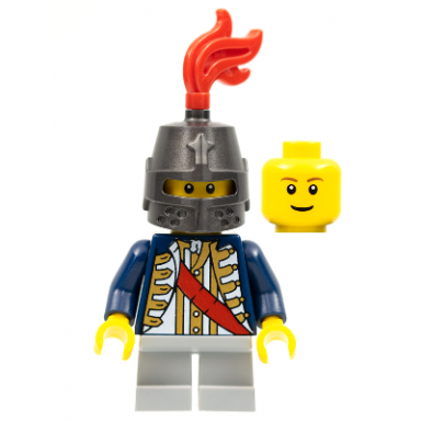 red sash helmet closed light bluish gray legs short reddish brown eyebrows