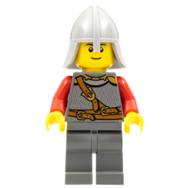 kingdoms - lion knight scale mail with chest strap and belt helmet with neck protector black eyebrows thin grin