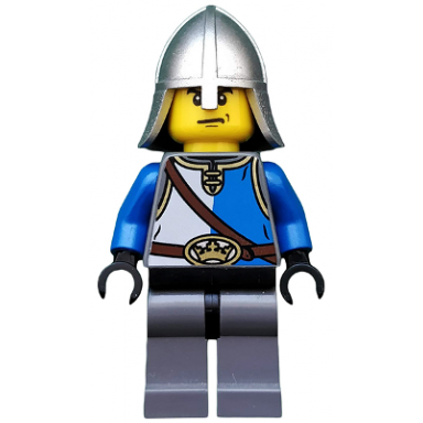 castle - kings knight blue and white with chest strap and crown belt helmet with neck protector angry eyebrows and scowl