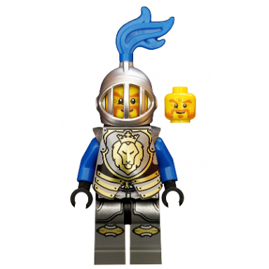 castle - kings knight armor with lion head with crown helmet with fixed grille blue plume