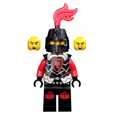 castle - dragon knight armor with dragon head helmet closed red plume black bushy eyebrows