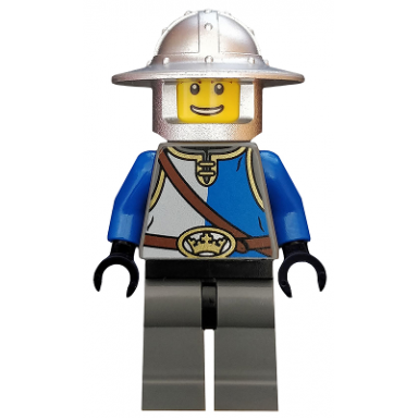 castle - kings knight blue and white with chest strap and crown belt helmet with broad brim open grin