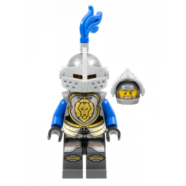 castle - kings knight armor with lion head with crown helmet with pointed visor blue plume angry face