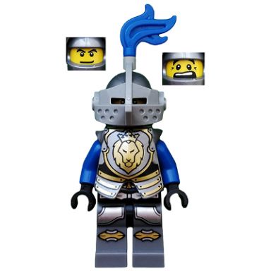 castle - kings knight armor with lion head with crown helmet with pointed visor blue plume determined open mouth scared pattern