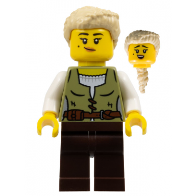 carpenter - female olive green vest dark brown legs tan coiled hair ponytail