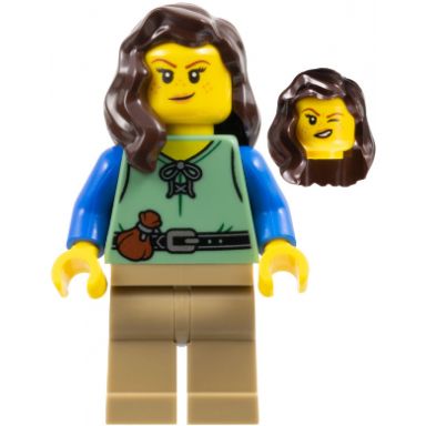 shieldsmith - female sand green vest dark tan legs dark brown hair over shoulder