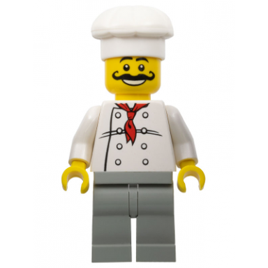 chef - white torso with 8 buttons light gray legs long curly moustache