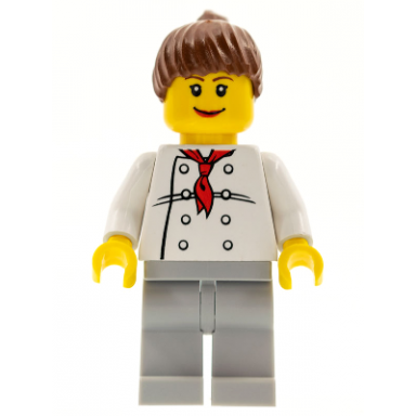 chef - white torso with 8 buttons light bluish gray legs reddish brown ponytail hair brown eyebrows female