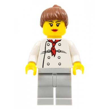 chef - white torso with 8 buttons light bluish gray legs reddish brown ponytail hair black eyebrows female