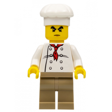 chef - white torso with 8 buttons dark tan legs bushy eyebrows