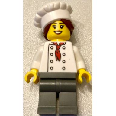 chef - white torso with 8 buttons dark bluish gray legs hair in bun