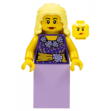musician - female blouse with gold sash and flowers lavender skirt bright light yellow hair