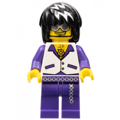 musician - male white vest with dark purple open shirt dark purple pants with silver trim