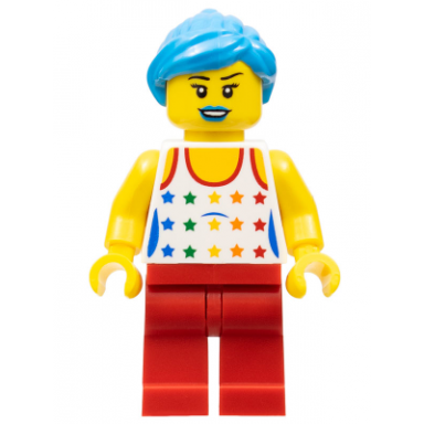 musician - female white top with rainbow stars red legs dark azure ponytail and swept sideways fringe blue lips