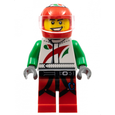 race car driver white octan racing suit with octan logo black leg straps with carabiner