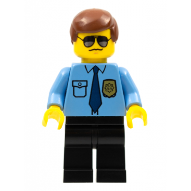 police - city shirt with dark blue tie and gold badge black legs brown male hair sunglasses