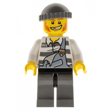 police - jail prisoner torn overalls over prison stripes dark bluish gray legs and knit cap