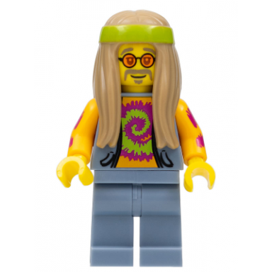 flower child dark tan long hair orange glasses and tie dye shirt