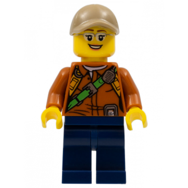 city jungle explorer female - dark orange shirt with green strap dark blue legs silver glasses dark tan cap with hole