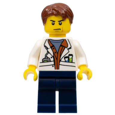 city jungle scientist - white lab coat with test tubes dark blue legs reddish brown parted hair scowl