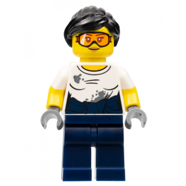 city jungle mechanic female - black ponytail orange goggles white t-shirt with oil stains dark blue legs
