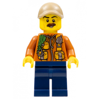 city jungle explorer - dark orange jacket with pouches dark blue legs dark tan cap with hole reddish brown moustache