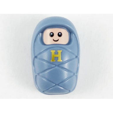 harry potter baby infant with stud holder on back with light nougat smiling face small eyes and gold capital letter h pattern