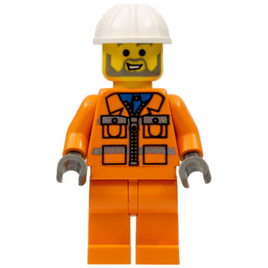 construction worker - orange zipper jacket safety stripes orange legs white construction helmet