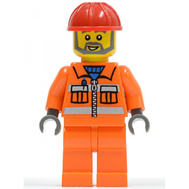 construction worker - orange zipper safety stripes orange arms orange legs red construction helmet gray angular beard