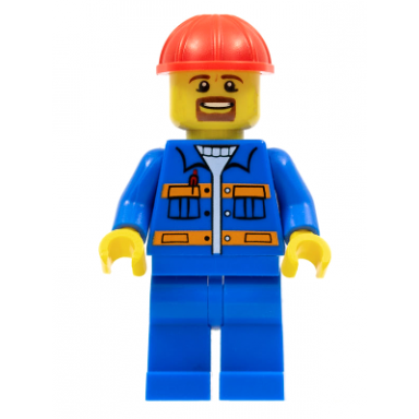 blue jacket with pockets and orange stripes blue legs red construction helmet brown moustache and goatee