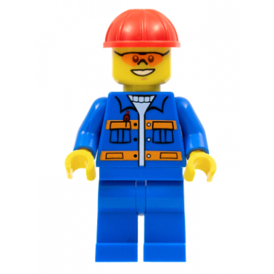 blue jacket with pockets and orange stripes blue legs red construction helmet orange sunglasses