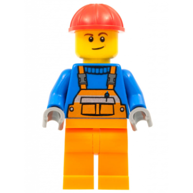overalls with safety stripe orange orange legs red construction helmet lopsided smile