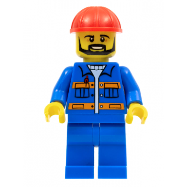 blue jacket with pockets and orange stripes blue legs red construction helmet black angular beard