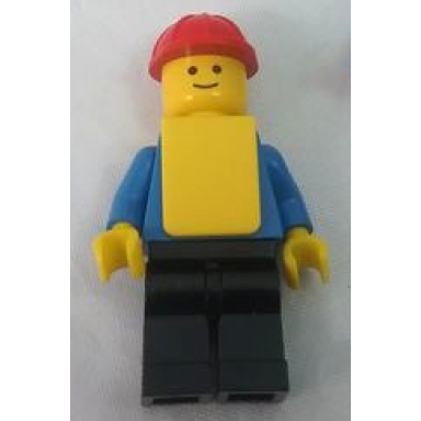 plain blue torso with blue arms black legs red construction helmet yellow vest