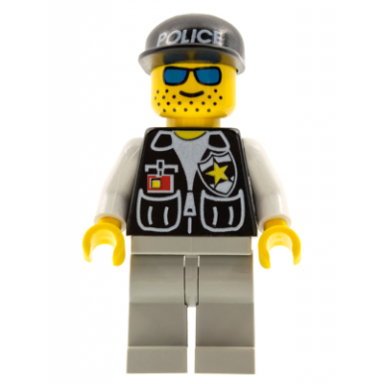 police - sheriff star and 2 pockets light gray legs white arms black cap with police pattern