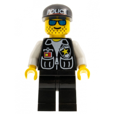 police - sheriff star and 2 pockets black legs white arms black cap with police pattern