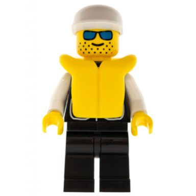 police - sheriff star and 2 pockets black legs white arms white cap life jacket blue sunglasses