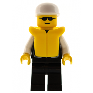police - sheriff star and 2 pockets black legs white arms white cap life jacket black sunglasses